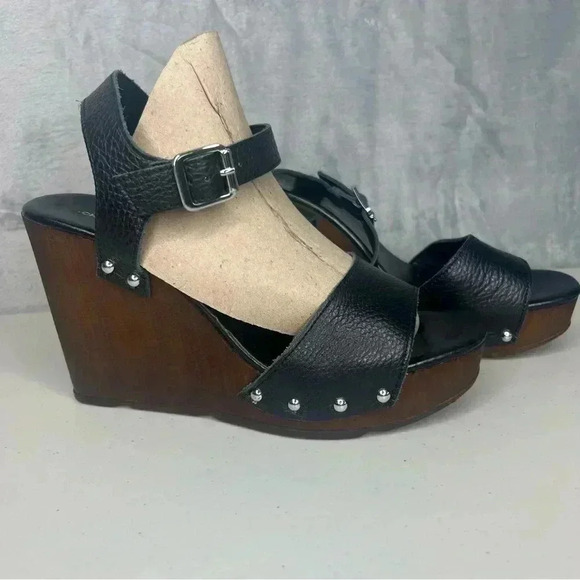 Christian Di Riccio Leather Platform Wood Clog Heel Wedge Sandals Sz 7.5 - Picture 2 of 11